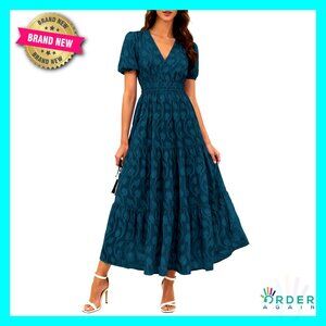 Boho Maxi Dress Flowy A-Line V-Neck Short Sleeve Floral Formal Wedding Guest